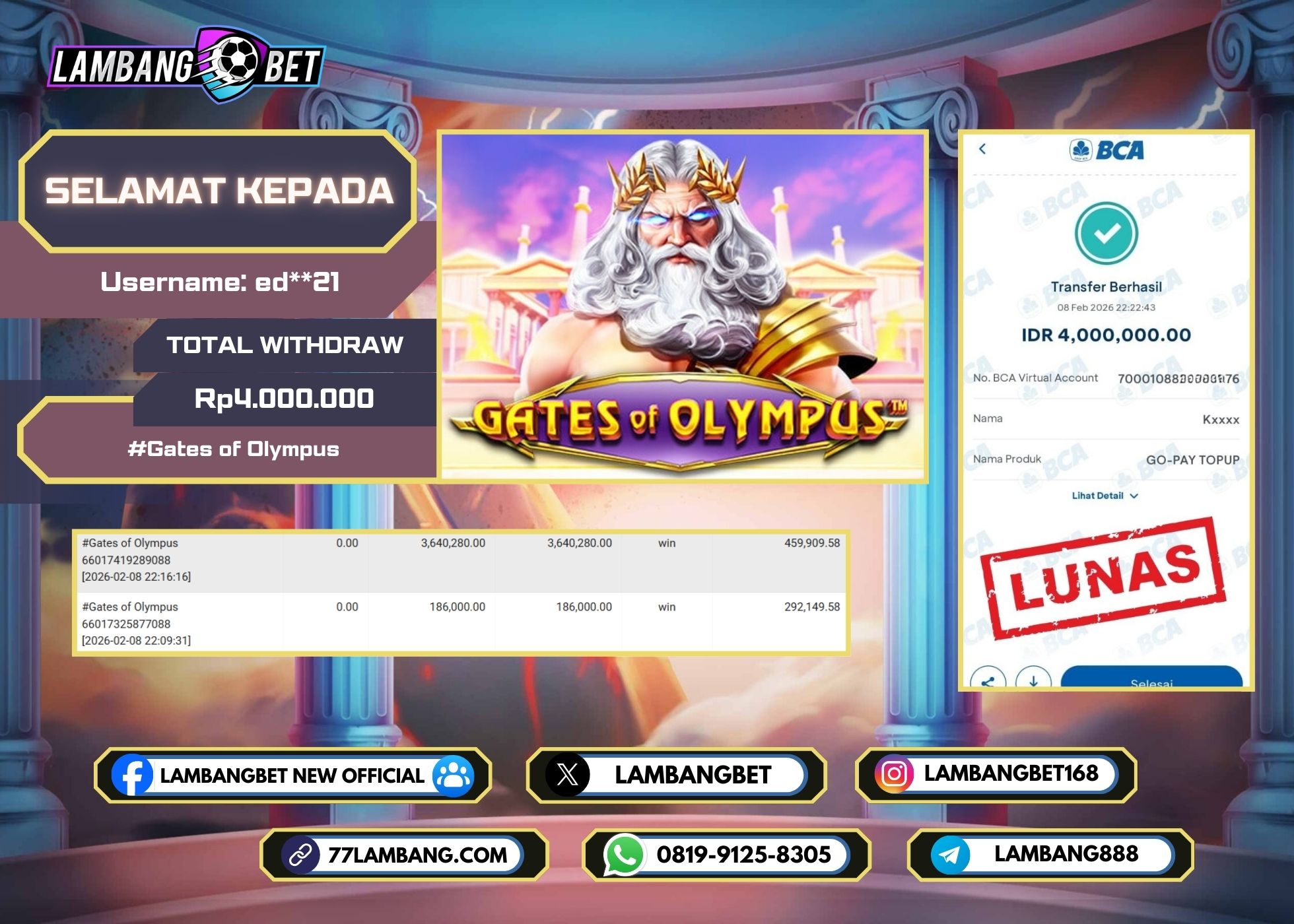 LAMBANGBET [8 FEBRUARI 2025] JACKPOT SLOT Gates of Olympus "Rp4.000.000" LUNAS